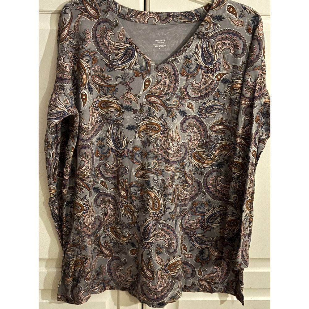 J. Jill Simply Supima V-Neck Tunic Top Paisley Print Grey Blue Brown Womens M